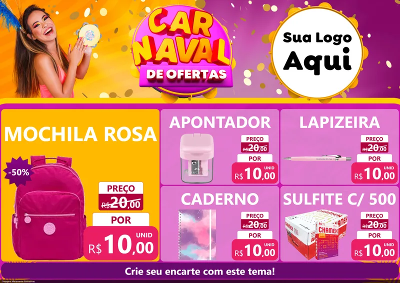 Modelo de Encarte para Encarte A4 Horizontal com o tema Carnaval de Ofertas para Papelaria