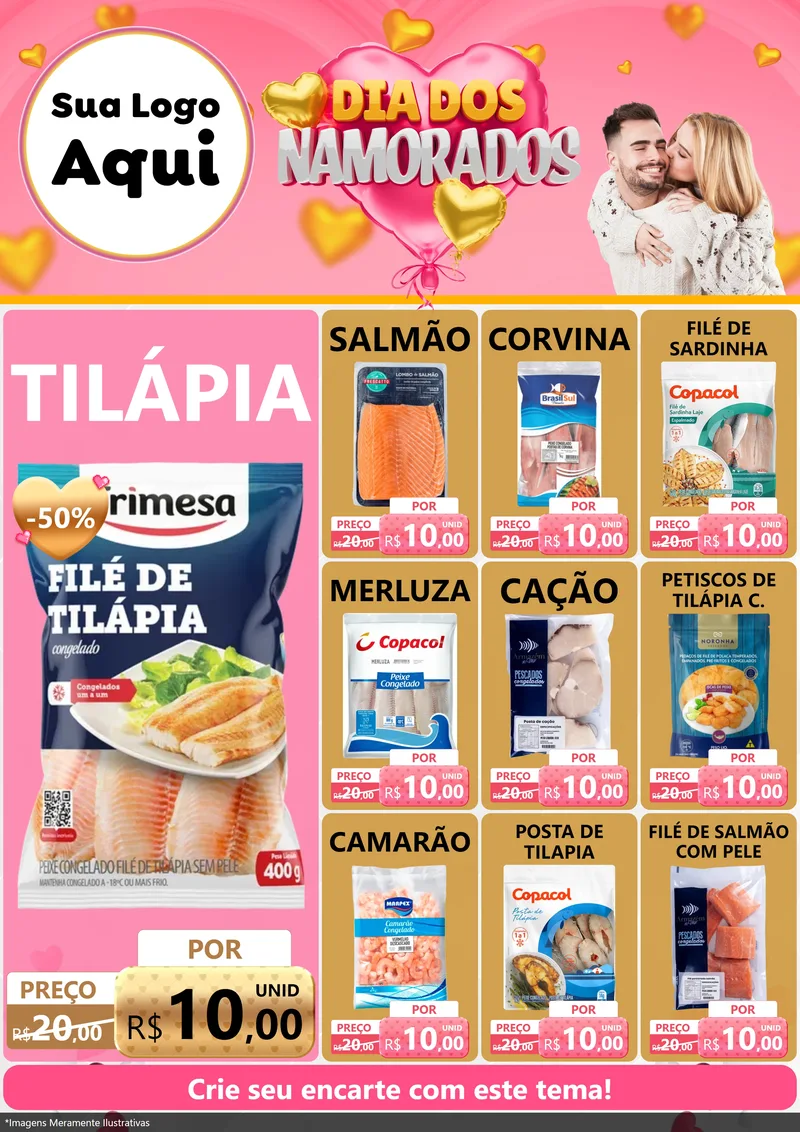 Modelo de Encarte para Encarte A4 Vertical com o tema Dia dos Namorados para Peixaria