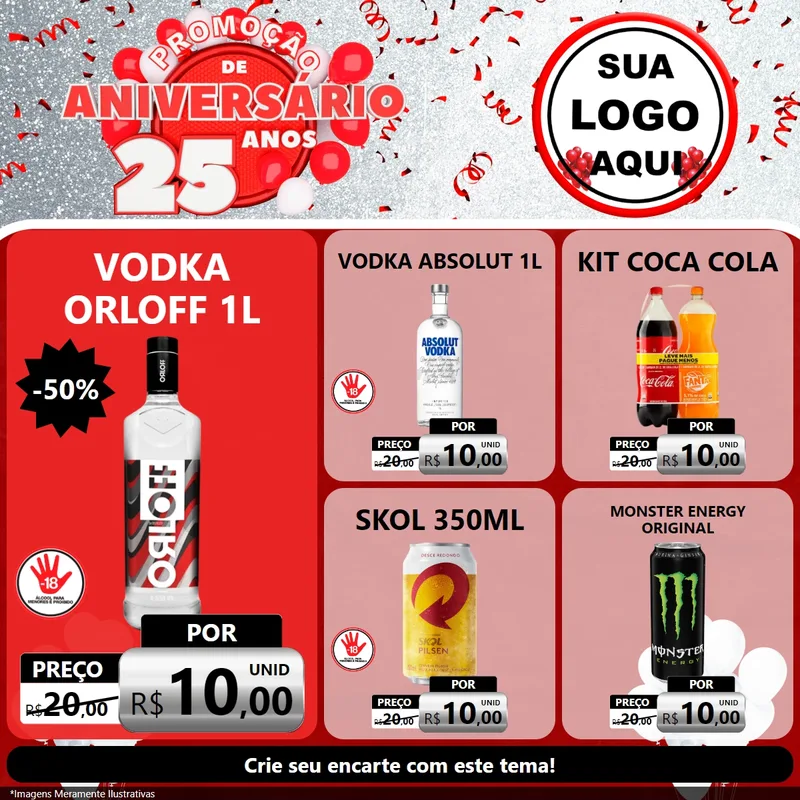 Modelo de Rede Social para Feed Facebook com o tema Promoção de Aniversário - 25Anos para Distribuidora de bebidas