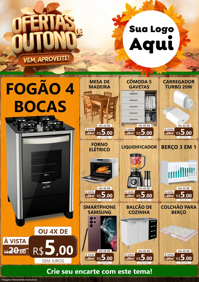 Modelo de Encarte para Encarte A4 Vertical com o tema Ofertas de Outono - Vem, Aproveite! para Móveis e Eletro