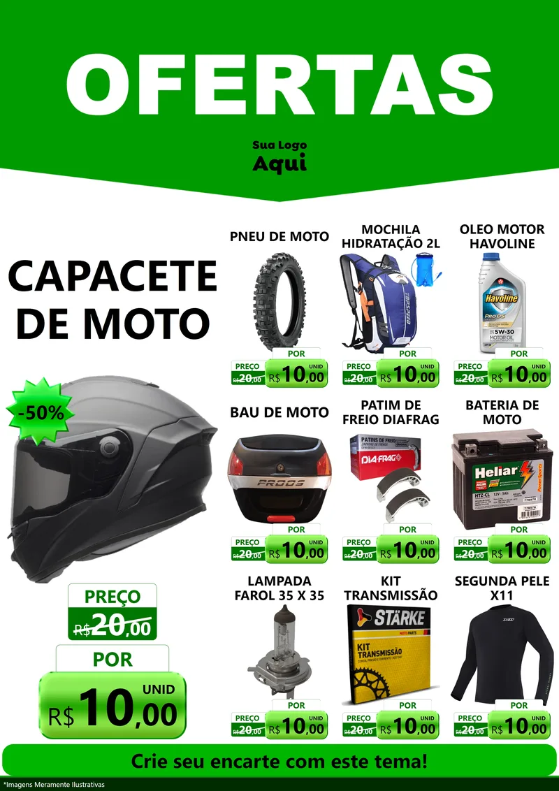 Modelo de Encarte para Encarte A4 Vertical com o tema Ofertas Verde Cartaz para Moto peças