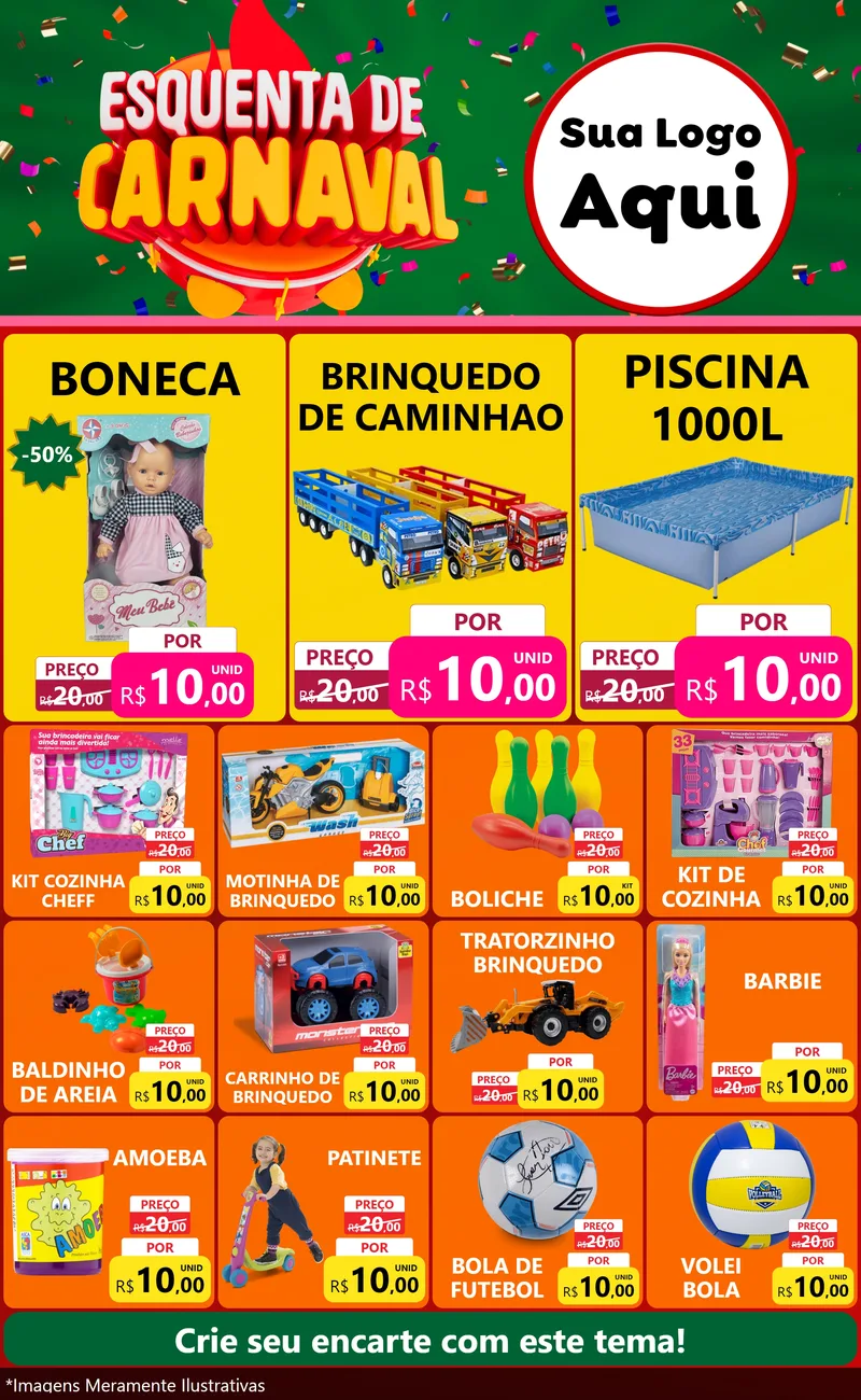 Modelo de Encarte para Encarte Grande com o tema Esquenta de Carnaval para Brinquedos