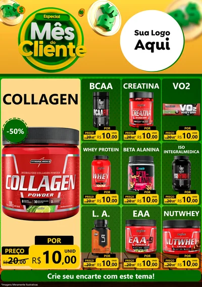Modelo de Encarte para Encarte A4 Vertical com o tema Especial Mês do Cliente para Suplementos alimentares