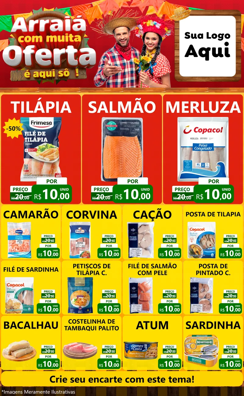 Modelo de Encarte para Encarte Grande com o tema Arraiá Com Muita Oferta - É Aqui Sô! para Peixaria