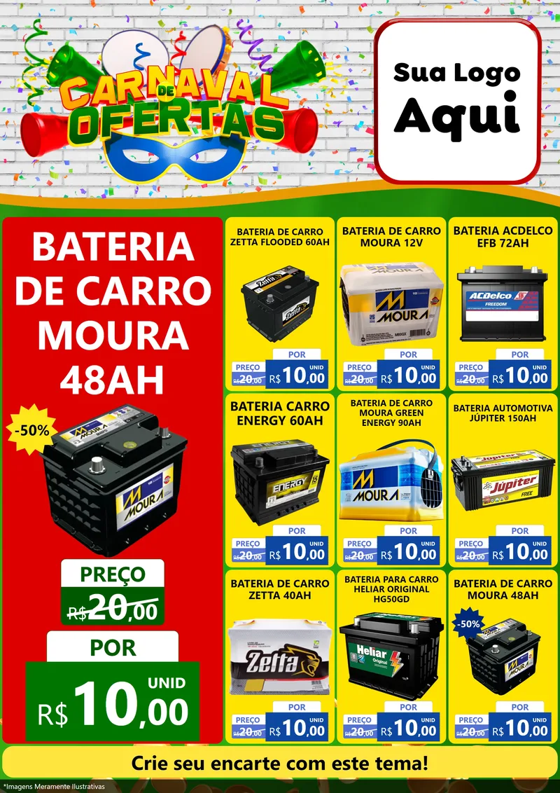 Modelo de Encarte para Encarte A4 Vertical com o tema Carnaval de Ofertas para Baterias Elétricas