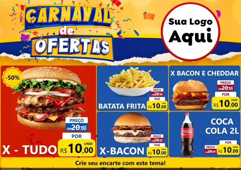 Modelo de Encarte para Encarte A4 Horizontal com o tema Carnaval de Ofertas para Hamburgueria
