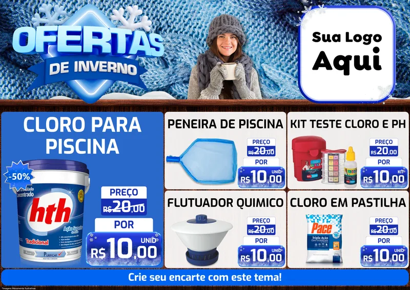 Modelo de Encarte para Encarte A4 Horizontal com o tema Ofertas de Inverno para Produtos para Piscina