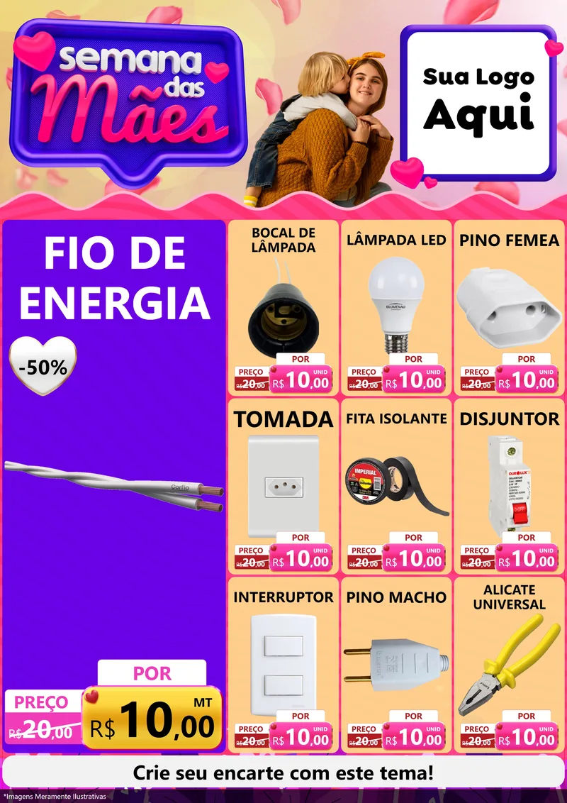 Modelo de Encarte para Encarte A4 Vertical com o tema Semana das Mães para Materiais Elétricos