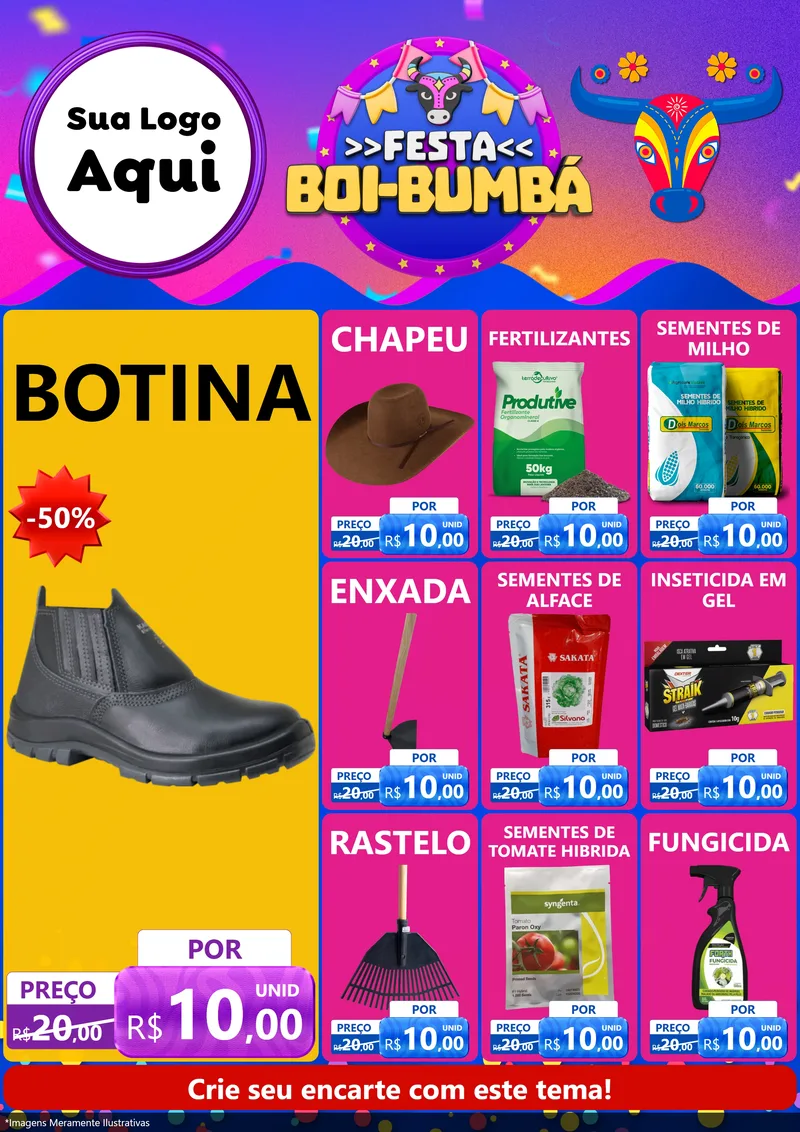 Modelo de Encarte para Encarte A4 Vertical com o tema Festa Boi-Bumbá para Agropecuária