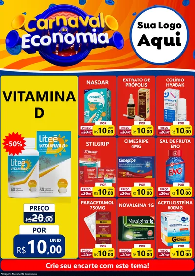 Modelo de Encarte para Encarte A4 Vertical com o tema Carnaval da Economia para Farmácia
