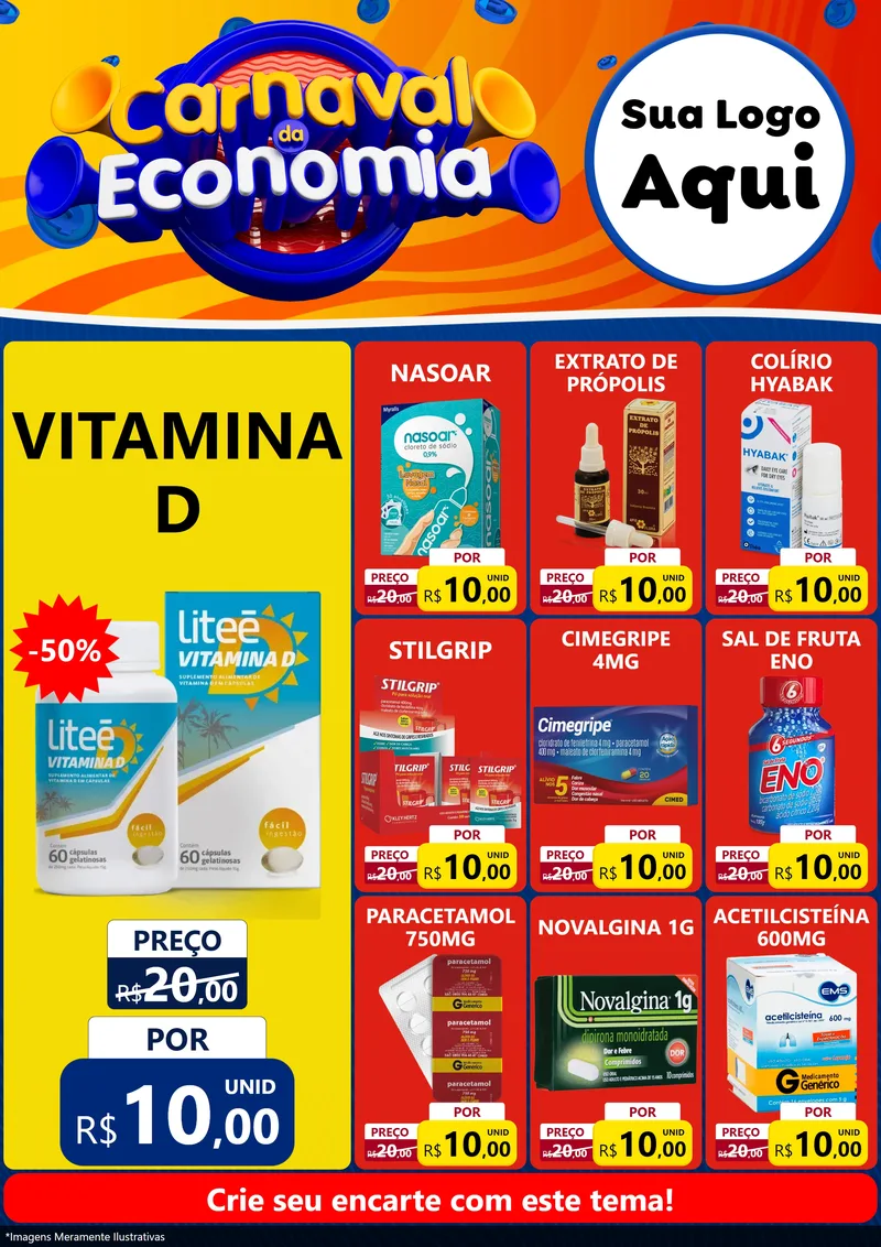 Modelo de Encarte para Encarte A4 Vertical com o tema Carnaval da Economia para Farmácia