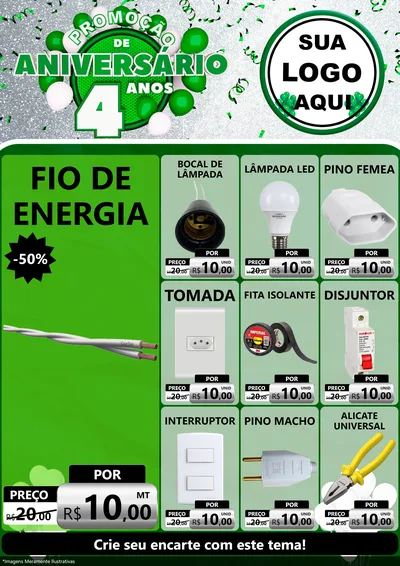 Modelo de Encarte para Encarte A4 Vertical com o tema Promoção de Aniversário - 4 Anos para Materiais Elétricos