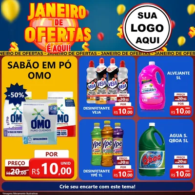 Modelo de Rede Social para Feed Facebook com o tema Janeiro de Ofertas É Aqui! para Produtos de Limpeza