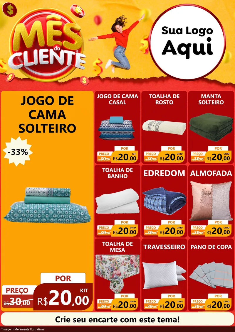 Modelo de Encarte para Encarte A4 Vertical com o tema Mês do Cliente para Cama, Mesa e Banho