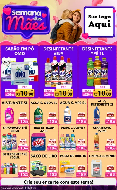 Modelo de Encarte para Encarte Grande com o tema Semana das Mães para Produtos de Limpeza