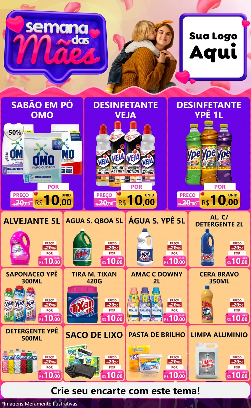 Modelo de Encarte para Encarte Grande com o tema Semana das Mães para Produtos de Limpeza