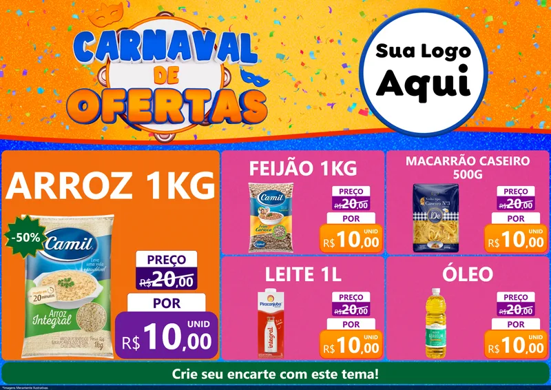 Modelo de Encarte para Encarte A4 Horizontal com o tema Carnaval de Ofertas para Supermercado