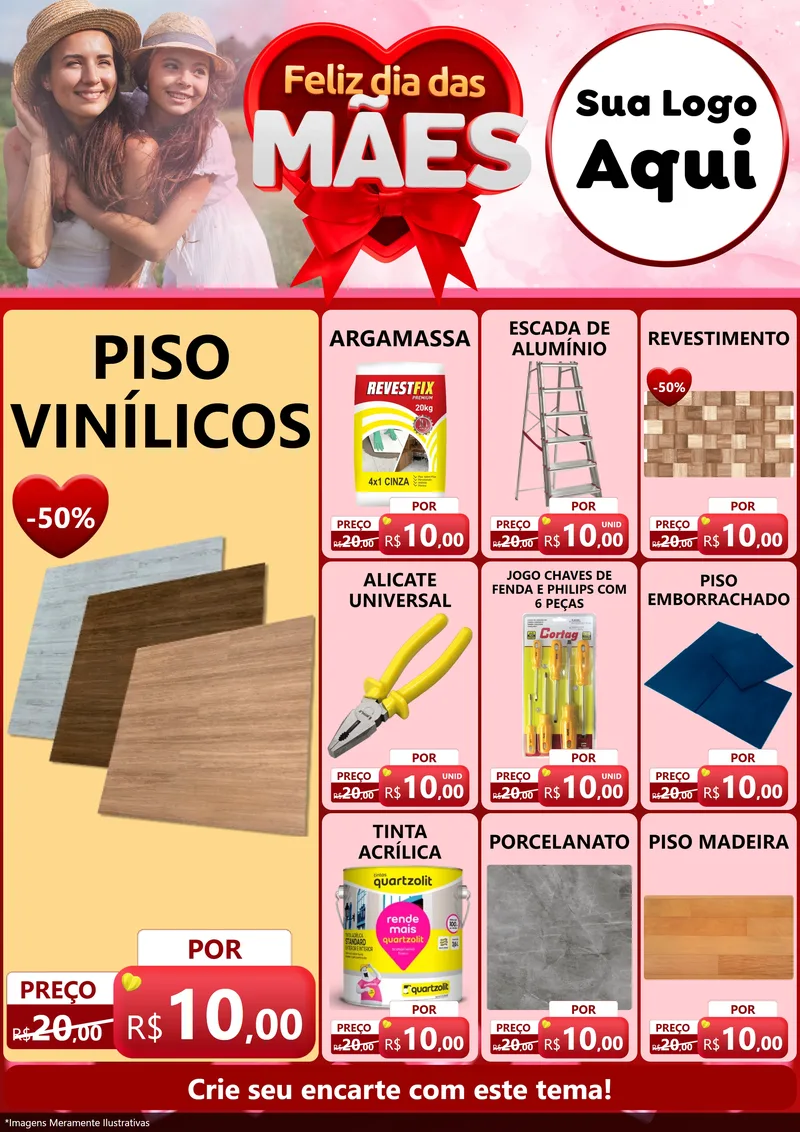Modelo de Encarte para Encarte A4 Vertical com o tema Feliz Dia Das Mães para Material para Construção