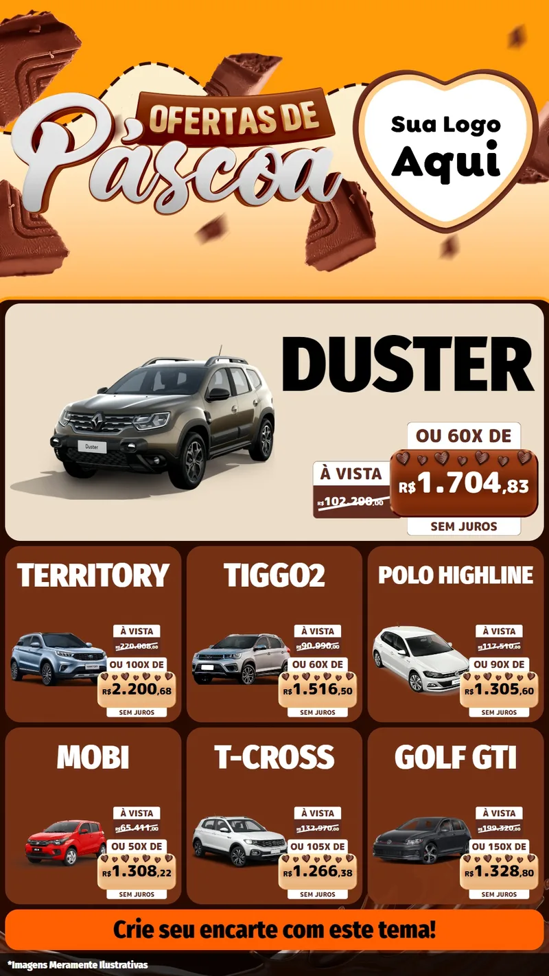 Modelo de Rede Social para Stories com o tema Ofertas de Páscoa para Concessionaria de Carros