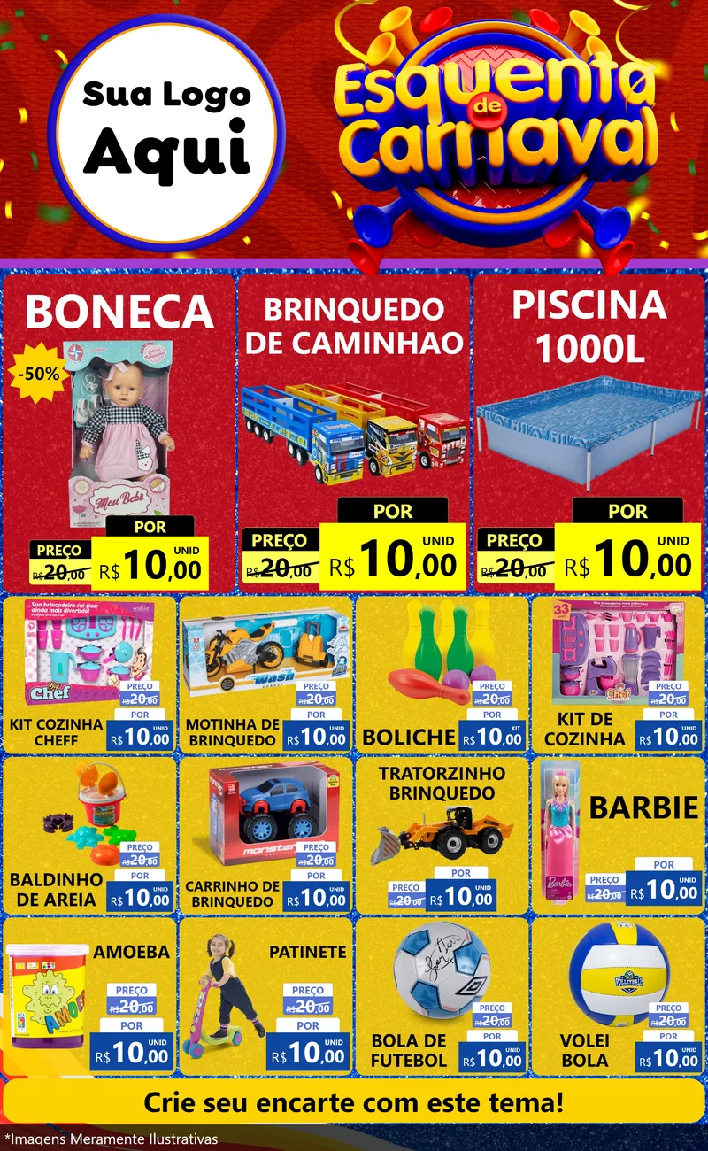 Modelo de Encarte para Encarte Grande com o tema Esquenta de Carnaval para Brinquedos