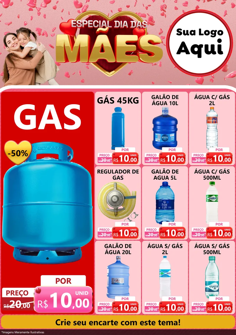 Modelo de Encarte para Encarte A4 Vertical com o tema Especial Dia Das Mães para Água e gás