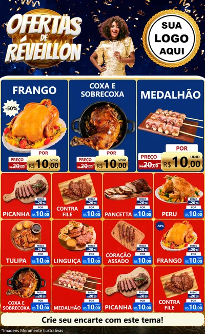 Modelo de Encarte para Encarte Grande com o tema Ofertas de Réveillon para Assados