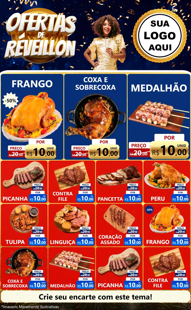 Modelo de Encarte para Encarte Grande com o tema Ofertas de Réveillon para Assados