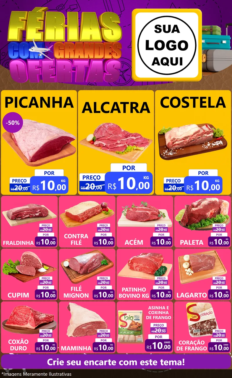 Modelo de Encarte para Encarte Grande com o tema Férias com Grandes Ofertas para Açougue