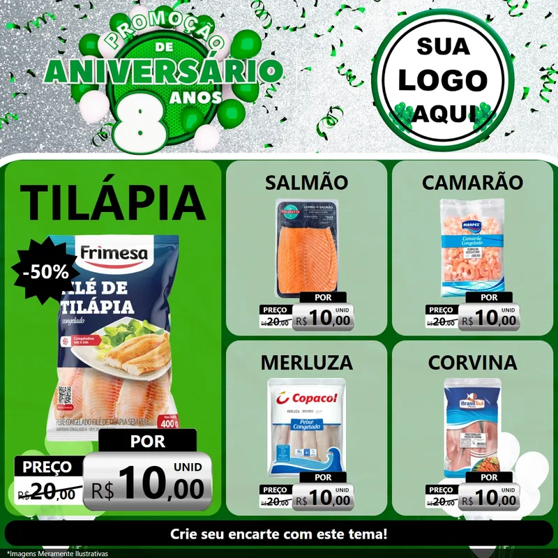 Modelo de Rede Social para Feed Facebook com o tema Promoção de Aniversário - 8 Anos para Peixaria