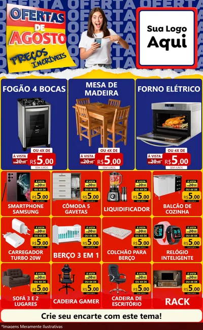 Modelo de Encarte para Encarte Grande com o tema Ofertas de Agosto - Preços Incríveis para Móveis e Eletro