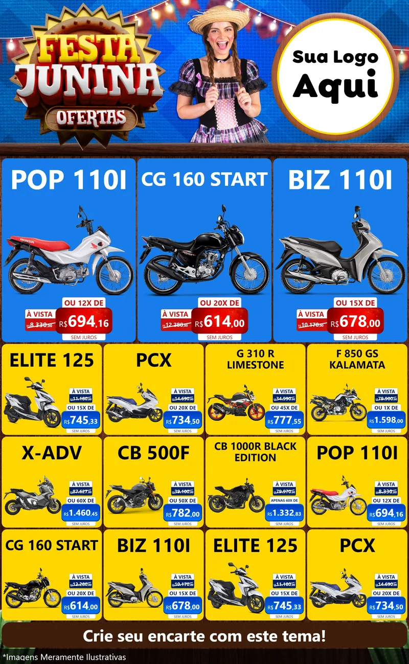 Modelo de Encarte para Encarte Grande com o tema Festa Junina Ofertas para Concessionaria de Motos