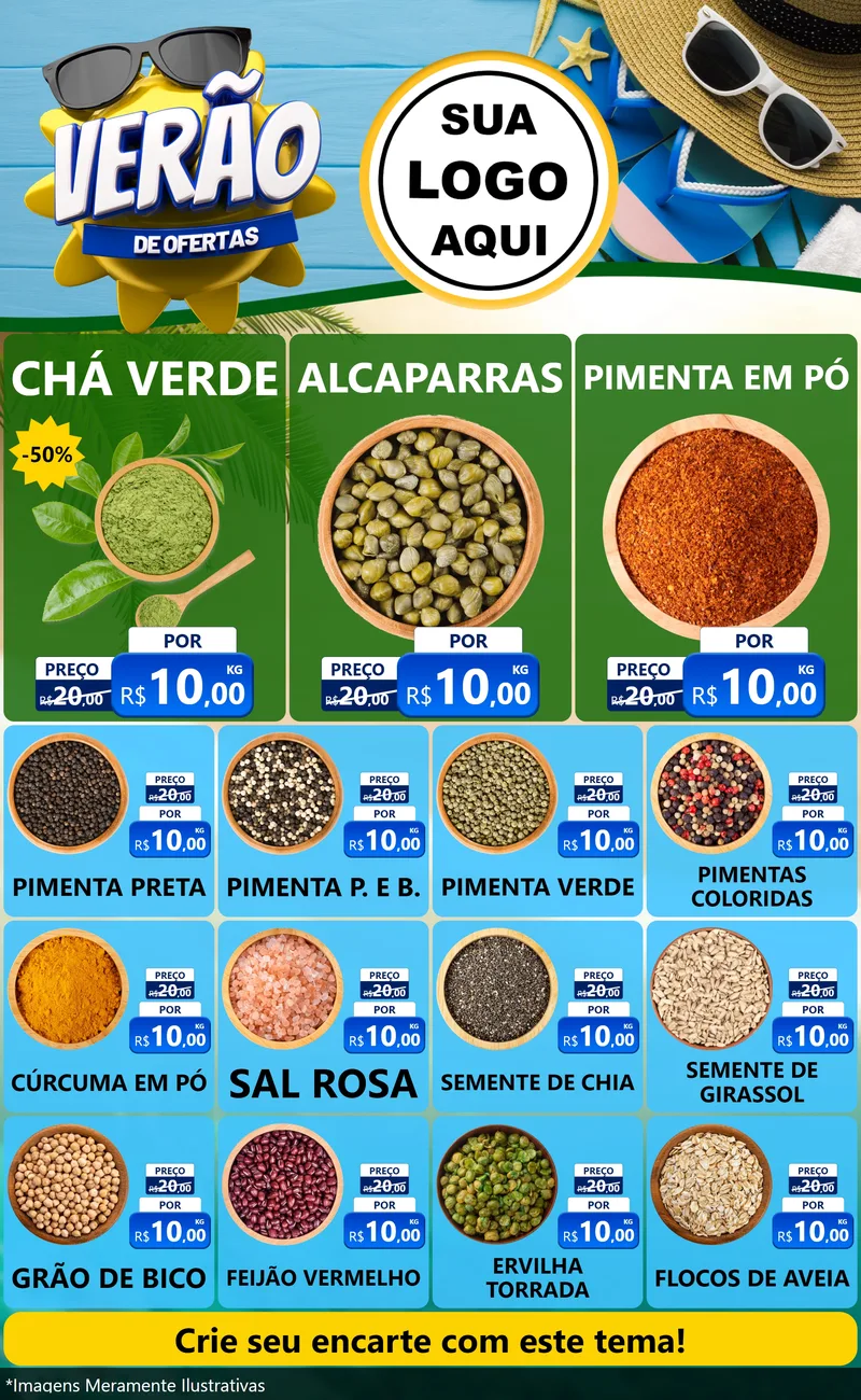 Modelo de Encarte para Encarte Grande com o tema Verão de Ofertas para Produtos Naturais