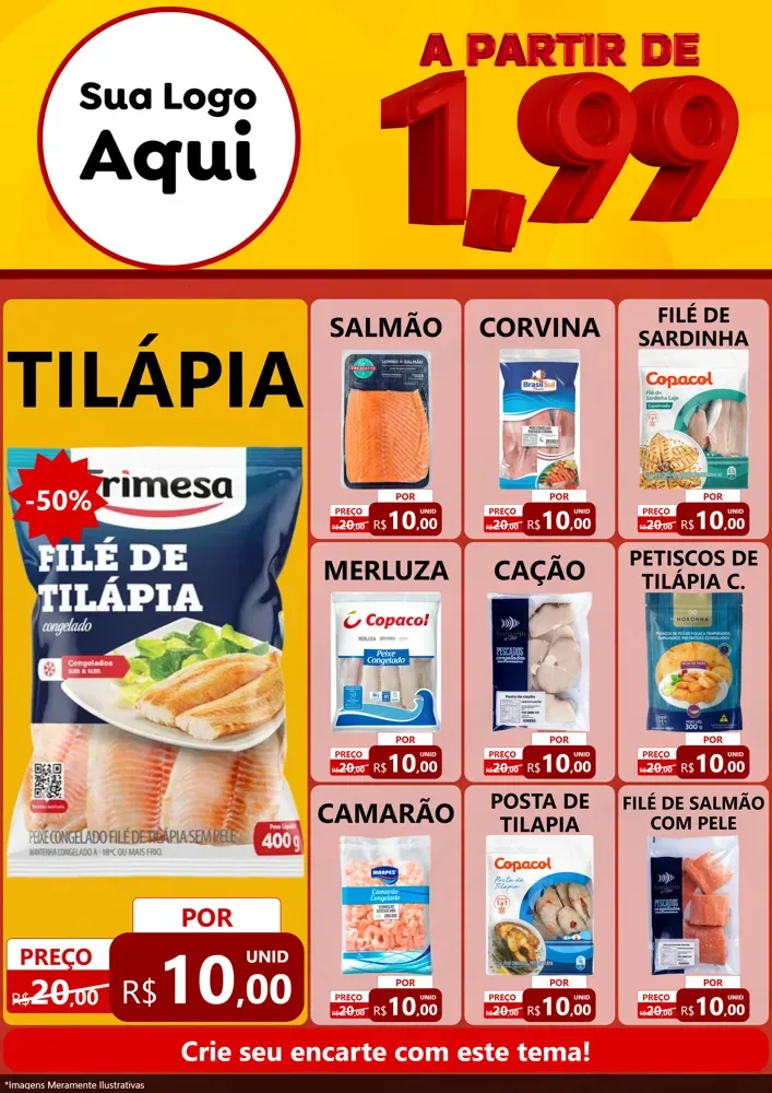 Modelo de Encarte para Encarte A4 Vertical com o tema A Partir de Um e Noventa e Nove - 1,99 para Peixaria