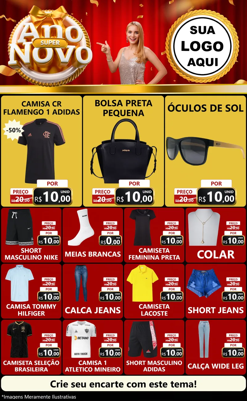 Modelo de Encarte para Encarte Grande com o tema Super Ano Novo para Roupas e acessórios