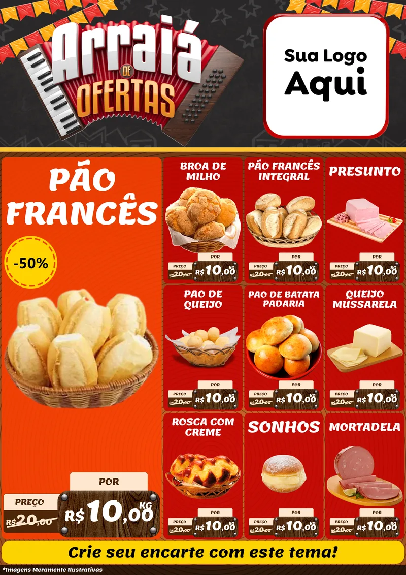 Modelo de Encarte para Encarte A4 Vertical com o tema Arraiá de Ofertas - Junina para Padaria