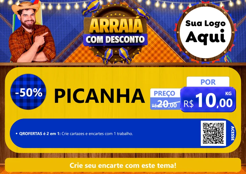Modelo de Cartaz para Cartaz A4 Horizontal com o tema Arraiá Com Desconto para Açougue