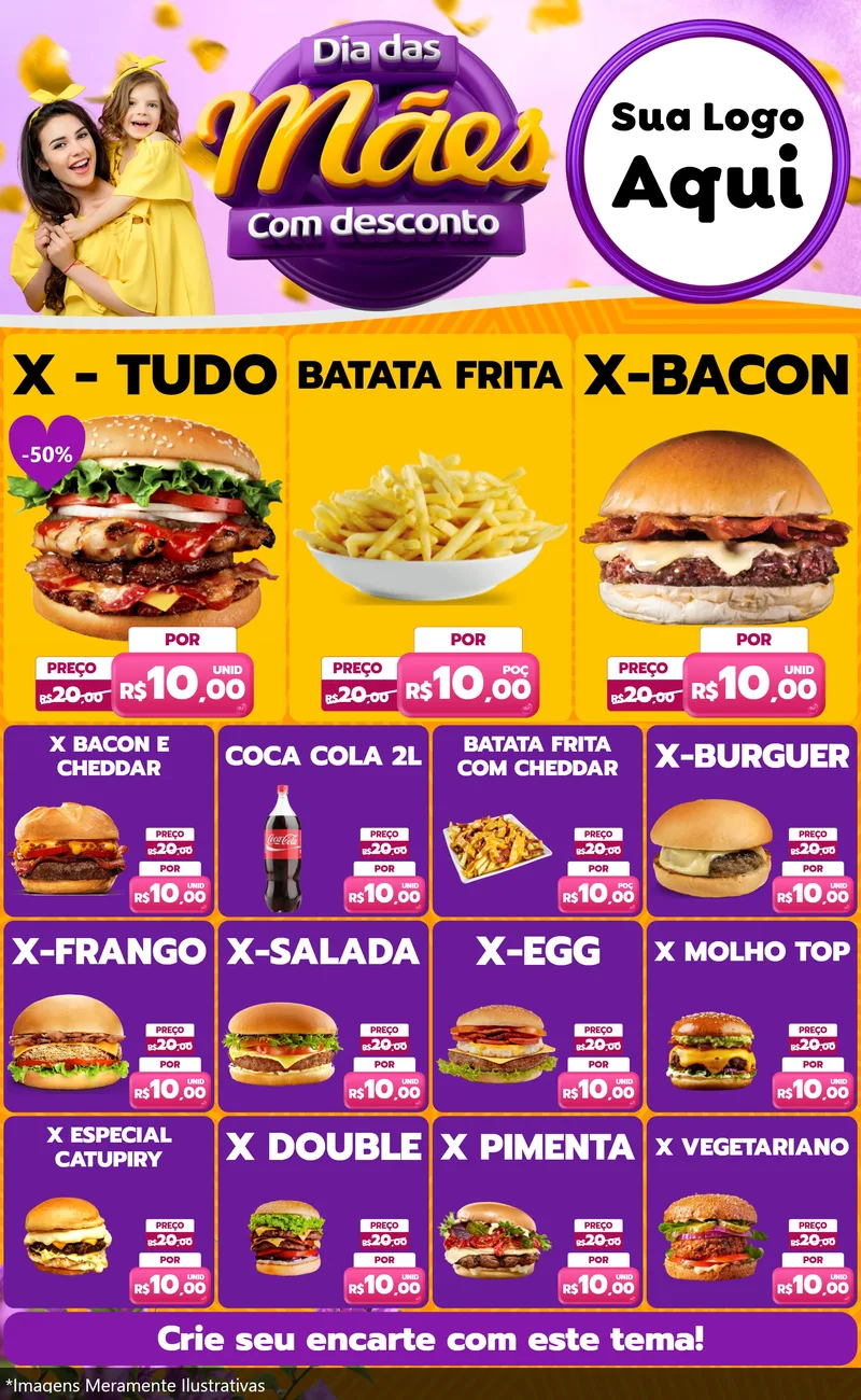 Modelo de Encarte para Encarte Grande com o tema Dia das Mães com Desconto para Hamburgueria