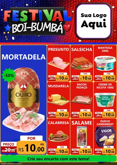 Modelo de Encarte para Encarte A4 Vertical com o tema Festival Boi-Bumbá para Frios e Laticínios