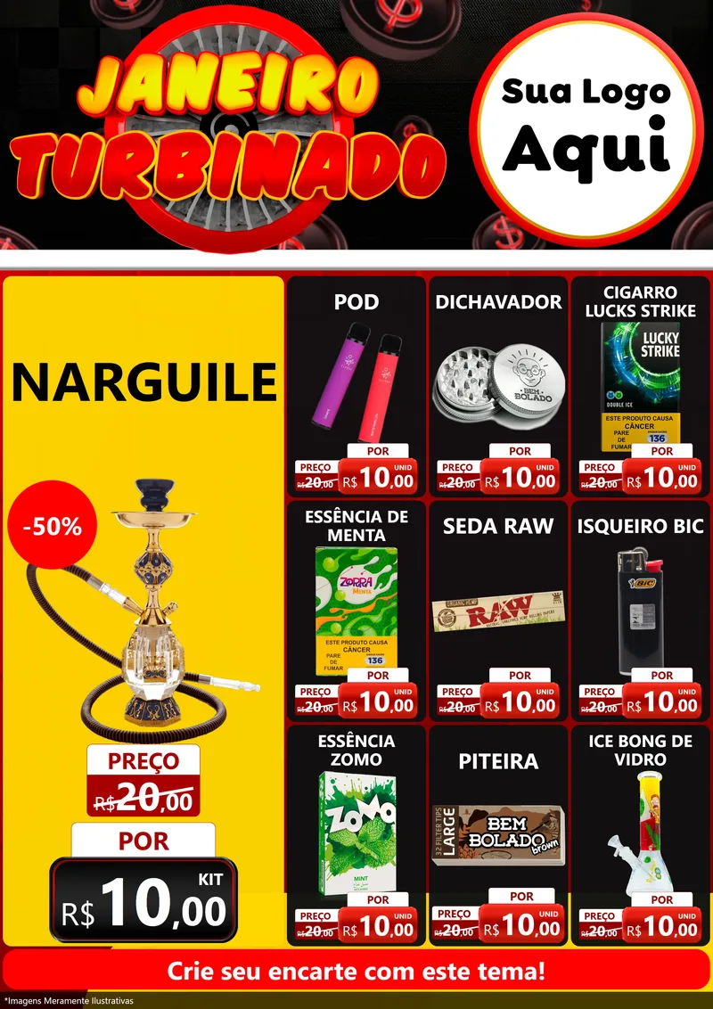 Modelo de Encarte para Encarte A4 Vertical com o tema Janeiro Turbinado para Tabacaria