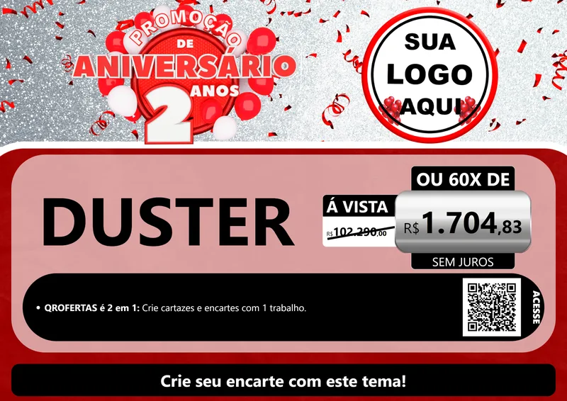 Modelo de Cartaz para Cartaz A4 Horizontal com o tema Promoção de Aniversário - 2 Anos para Concessionaria de Carros