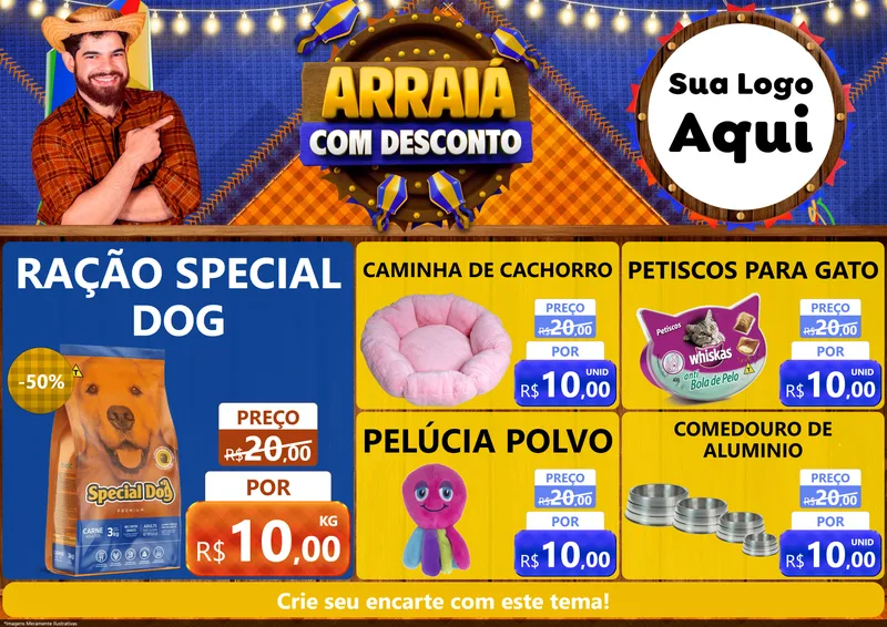 Modelo de Encarte para Encarte A4 Horizontal com o tema Arraiá Com Desconto para Pet Shop