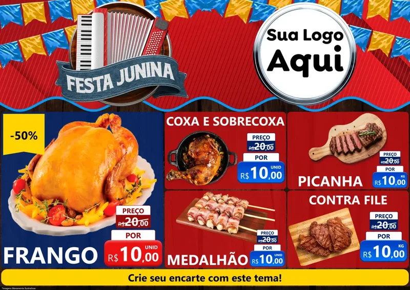Modelo de Encarte para Encarte A4 Horizontal com o tema Festa Junina para Assados