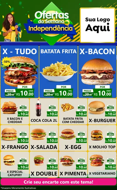 Modelo de Encarte para Encarte Grande com o tema Ofertas da Semana da Independência para Hamburgueria