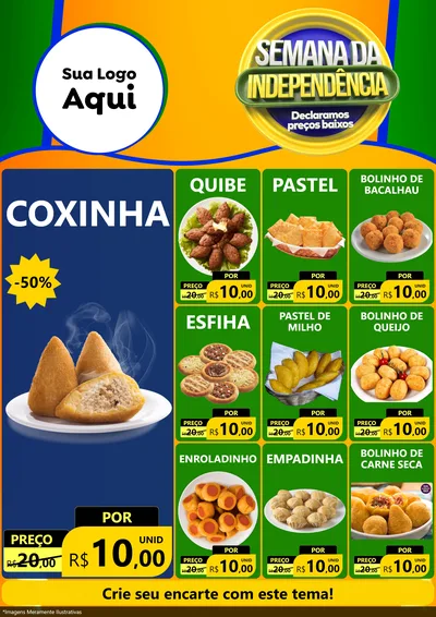 Modelo de Encarte para Encarte A4 Vertical com o tema Semana da Independência Declaramos Preços Baixos para Salgadaria