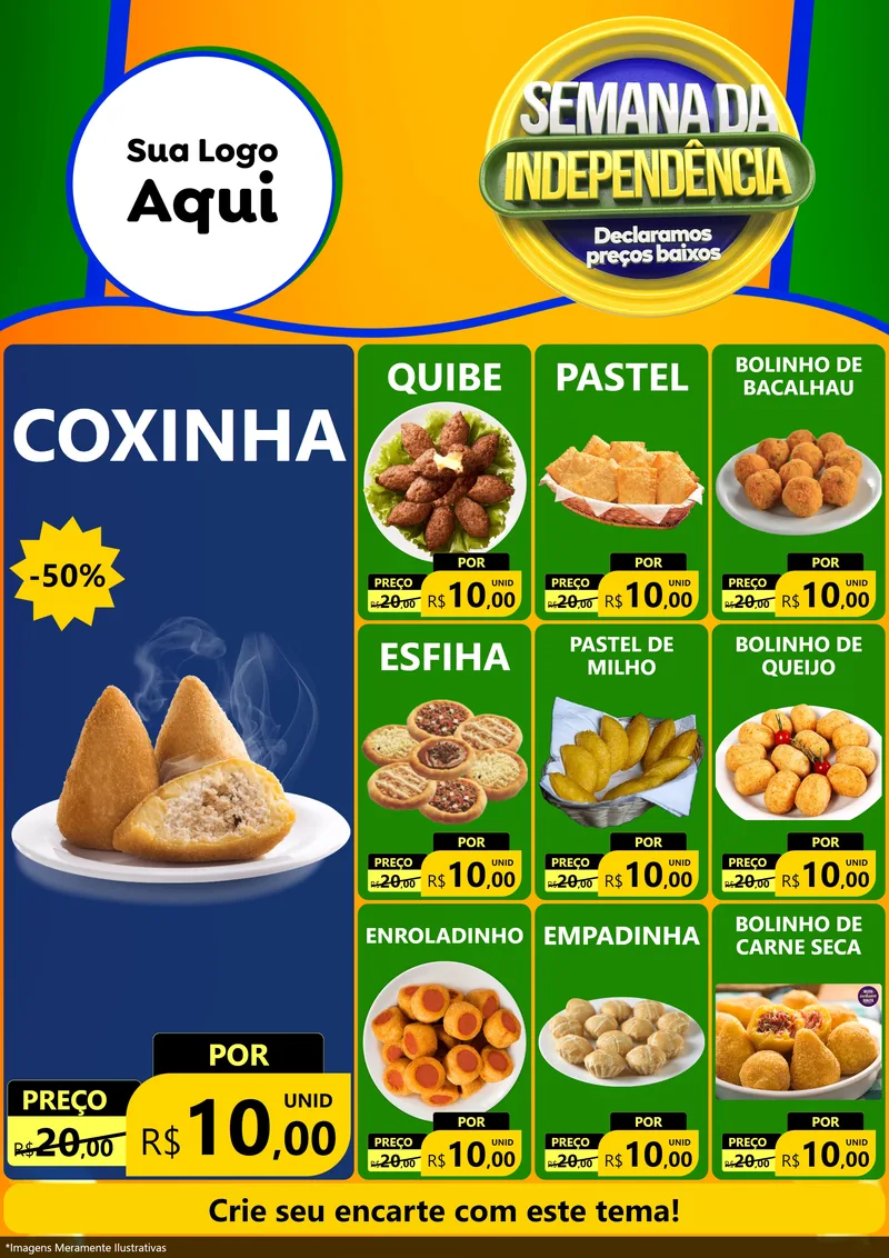Modelo de Encarte para Encarte A4 Vertical com o tema Semana da Independência Declaramos Preços Baixos para Salgadaria