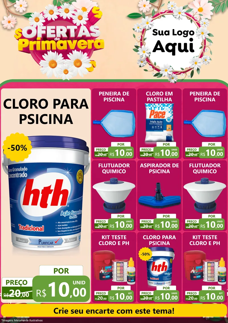 Modelo de Encarte para Encarte A4 Vertical com o tema Ofertas de Primavera para Produtos para Piscina