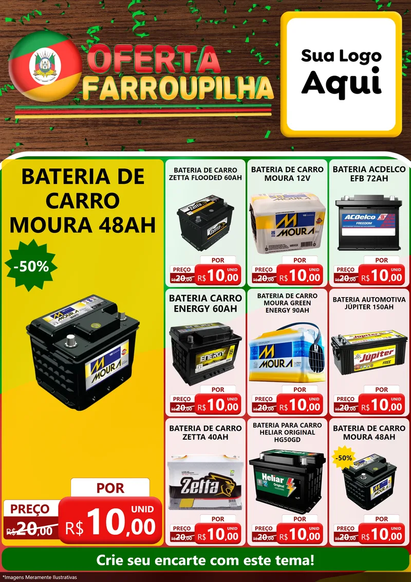 Modelo de Encarte para Encarte A4 Vertical com o tema Oferta Farroupilha para Baterias Elétricas