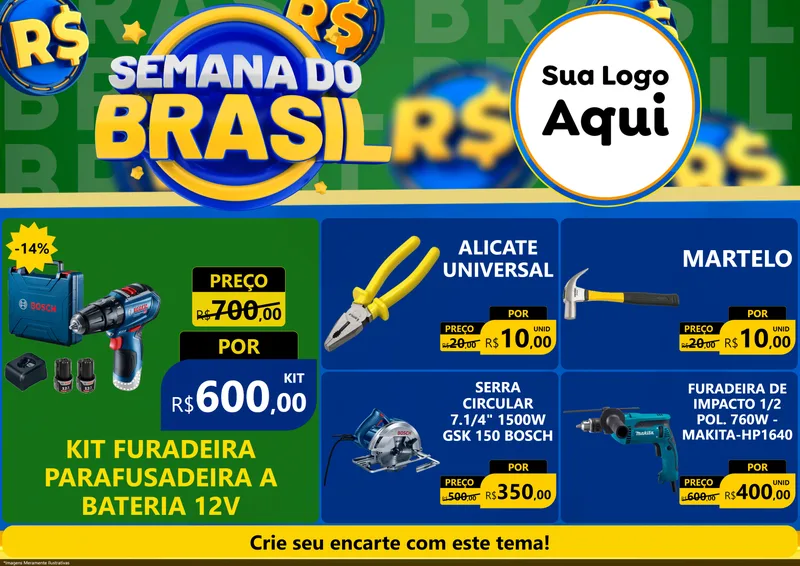 Modelo de Encarte para Encarte A4 Horizontal com o tema Semana Do Brasil para Maquinas e Ferramentas