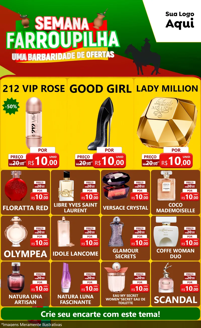 Modelo de Encarte para Encarte Grande com o tema Semana Farroupilha - Uma Barbaridade de Ofertas para Perfumes