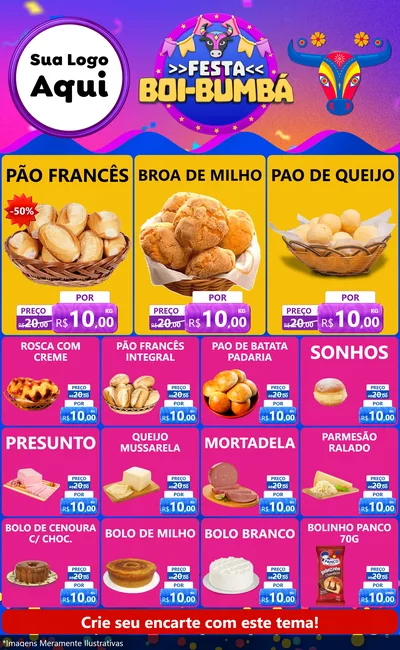 Modelo de Encarte para Encarte Grande com o tema Festa Boi-Bumbá para Padaria